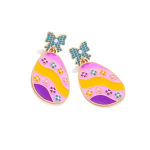Easter egg earrings with colorful enamel patterns, blue plaid bows and pearls on white base