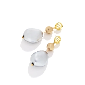 Baroque drop earrings with grey pearl pendants and matte gold spheres on white background