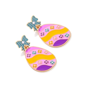 Colorful Easter egg earrings with blue plaid bow and enamel flower patterns