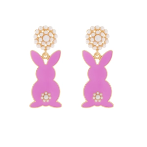 Charming pink enamel rabbit drop earrings with gold plating and pearl flower accents