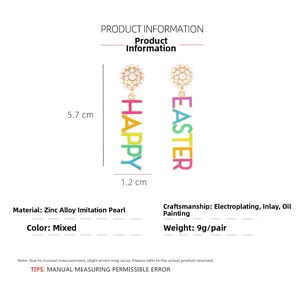 Detailed view of colorful HAPPY EASTER letter earrings with pearls and dimensions