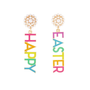 Exaggerated Easter earrings with pearls and colorful HAPPY EASTER enamel letters