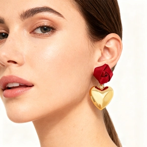 Handmade Satin Rose Flower And Metallic Heart Drop Earrings With Stainless Steel Earring Post Retro Romantic Gift