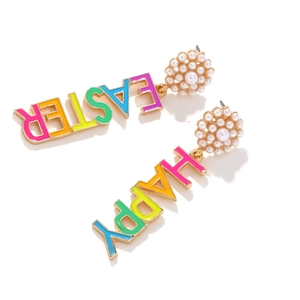 Detail of Easter drop earrings featuring pearl clusters and colorful HAPPY EASTER enamel charms