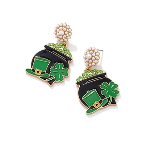 Saint Patrick's Day clover earrings with green enamel, rhinestones, and pearls on gold