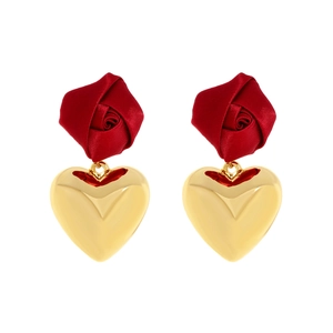 Handmade fabric red rose and golden heart pendant earrings for women vintage style