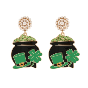 St. Patrick's Day gold earrings with lucky clover pot of gold and pearls