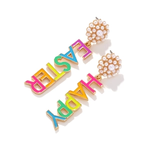 Colorful Easter dangle earrings with Happy Easter enamel letters and faux pearl studs