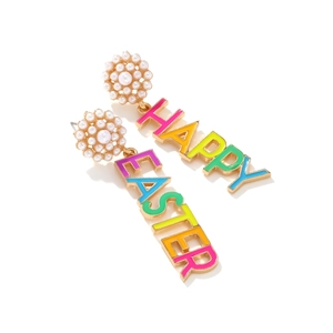 Easter dangling earrings with white faux pearls and colorful HAPPY EASTER enamel charms