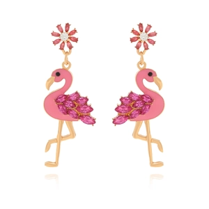 Pink Flamingo Drop Earrings For Women Flower Stud Alloy Enamel And Rhinestone Long Dangle Summer Tropical Animal Jewelry