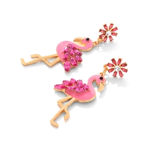Elegant long pink flamingo dangle earrings with crystal floral studs in gold plating