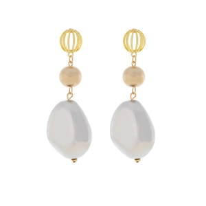 Baroque irregular pearl drop earrings with hollow golden spheres in retro aesthetic