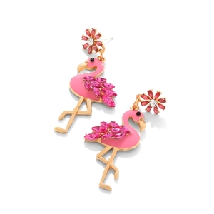 Pink flamingo drop earrings with floral stud and crystal rhinestones in gold setting