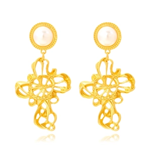 Boucles D'oreilles Pendantes Style Cour Baroque Vintage Avec Croix Ajourée Künstliche Perle Résine Alliage Zinc Doré Pour Femme