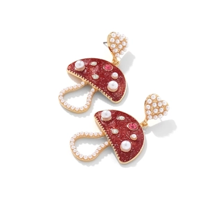 Red mushroom earrings with pearls and heart stud, chic enamel jewelry for women