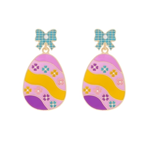 Colorful Easter egg drop earrings with floral enamel patterns and blue ribbon bows