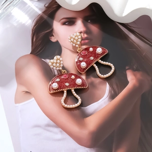 Sweet red enamel mushroom drop earrings with pearl heart studs and glitter finish