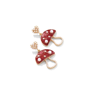 Charming mushroom drop earrings with red enamel glitter and elegant pearl heart studs