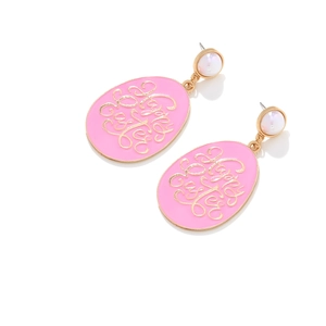 Pink enamel Easter egg dangle earrings with Happy Easter lettering and white pearls