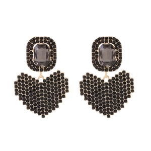 Boucles d'oreilles cœur pixelisées avec strass noirs et cristaux gris étincelants
