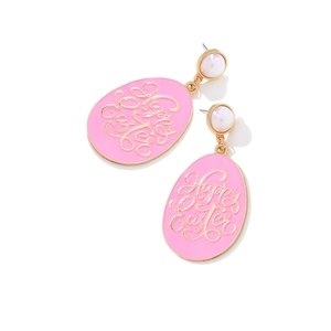 Pink enamel Easter egg drop earrings with Happy Easter lettering and pearl stud
