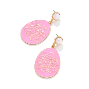 Detail of pink Easter egg earrings with gold Happy Easter lettering and pearl stud