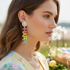 Happy Easter Letter Drop Earrings Alloy Colorful Enamel With Faux Artificial Pearl Stainless Steel Earring Post Women Jewelry
