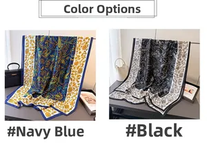 Detail view of paisley pattern silk-feel scarves in navy blue and black colors