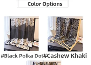 Detailed comparison of black-white polka dot and khaki paisley pattern silk-like scarves