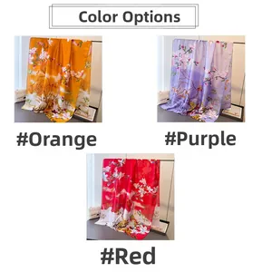 Detailed grid view of floral print scarves in orange, purple, and red silk fabric