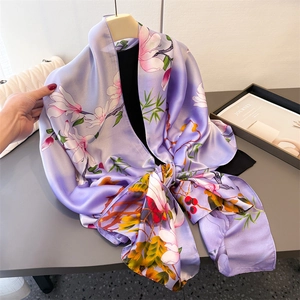 Elegant purple faux silk scarf with white magnolia floral print for sun protection