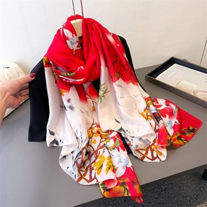 Floral print faux silk scarf with elegant red and cream contrast pattern shawl for women