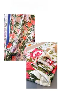 Macro detail of floral silk satin scarves featuring vibrant peony and botanical patterns