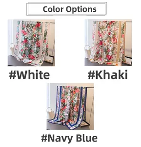 Detailed comparison of vintage floral patterns in white, khaki, and navy blue silk scarves