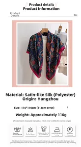 Detailed view of large vintage floral satin scarf with technical size and care specifications
