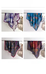 Detail view of four vintage silk scarf patterns with floral and ink wash designs