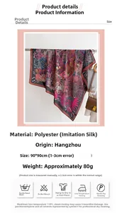 Detail view of 90x90cm faux silk floral scarf with fabric specs and washing care guide