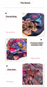 Detailed view of floral faux silk scarf featuring vibrant prints and fine rolled edges