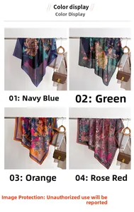 Macro detail of four assorted floral silk scarves showcasing patterns and light fabric