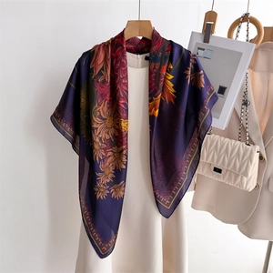 Vintage floral silk scarf with large chrysanthemum pattern in deep purple and warm tones