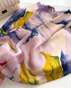 Artistic oil painting style silk scarf with multi-color abstract floral leaf patterns
