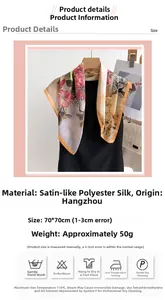 Detail view of 70cm silk-like floral scarf with washing instructions and material info