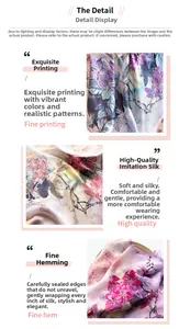Detail of printed faux silk scarves showing exquisite floral patterns and silky texture