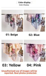 Detail showing four colors of 70cm silk-like scarves with floral and landscape patterns