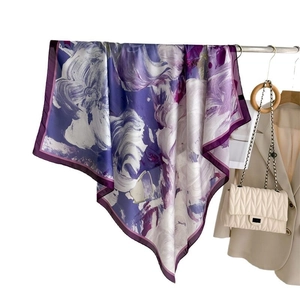 Elegant purple vintage floral silk square scarf with abstract prints for women