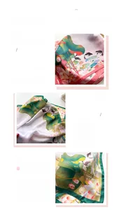 Detail of high-quality faux silk scarf with floral prints and fine stitched hem edges