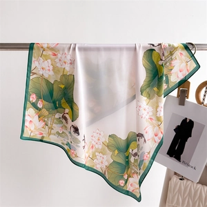 Lotus Koi Fish Print Square Scarf Satin Like Satin Neck Kerchief Versatile Chinese Style Elegant For Women