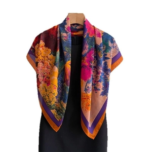 Satin floral square scarf featuring artistic oil painting grape and flower prints