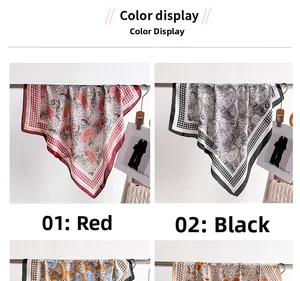 Close-up of printed silk square scarf with classic paisley and houndstooth patterns