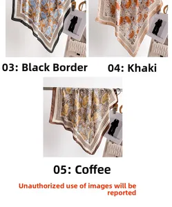Detail view of vintage paisley print silk-like scarves in black, khaki, and brown colors